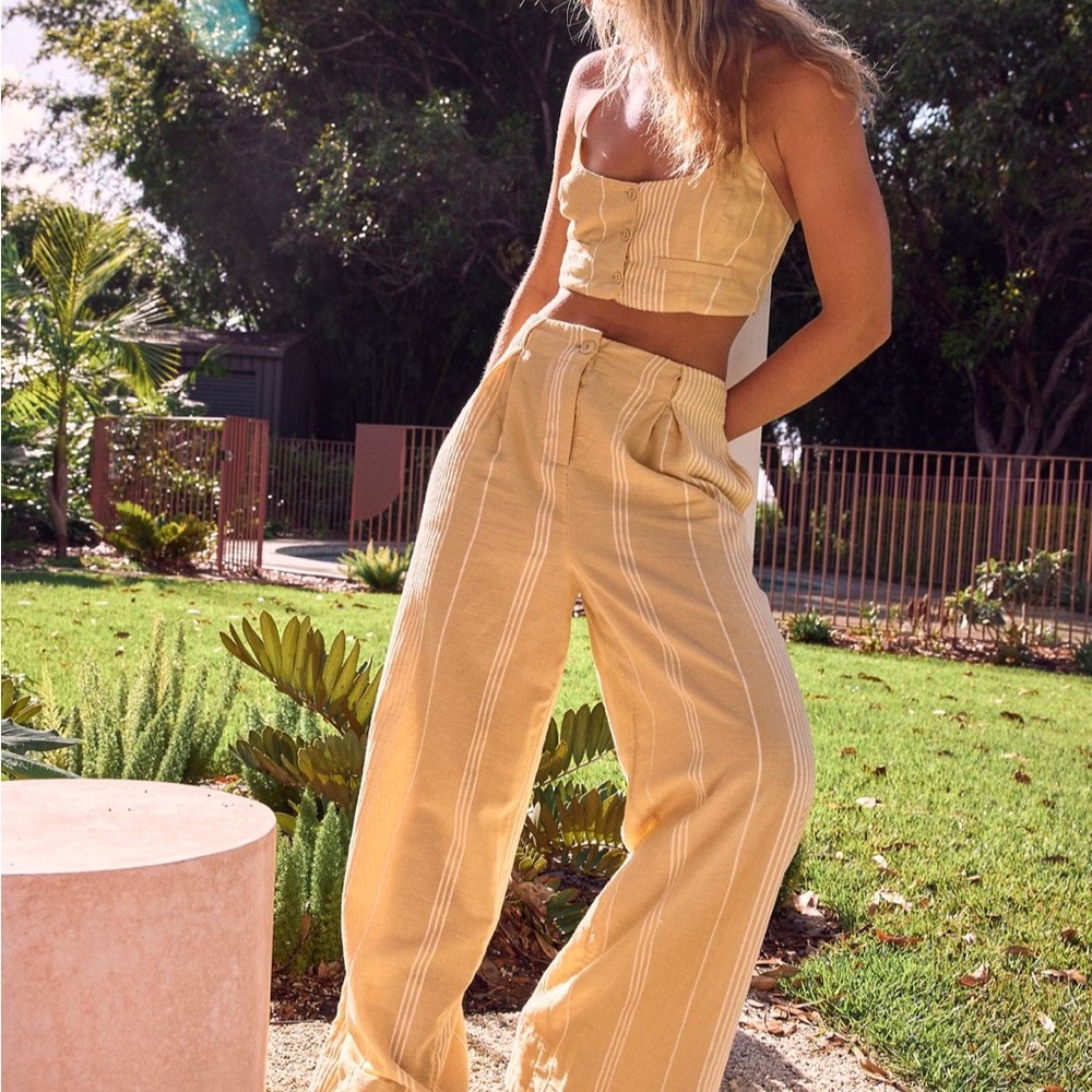 Free People Two-Piece Striped Crop Top & Wide Leg Jumpsuit in Mustard